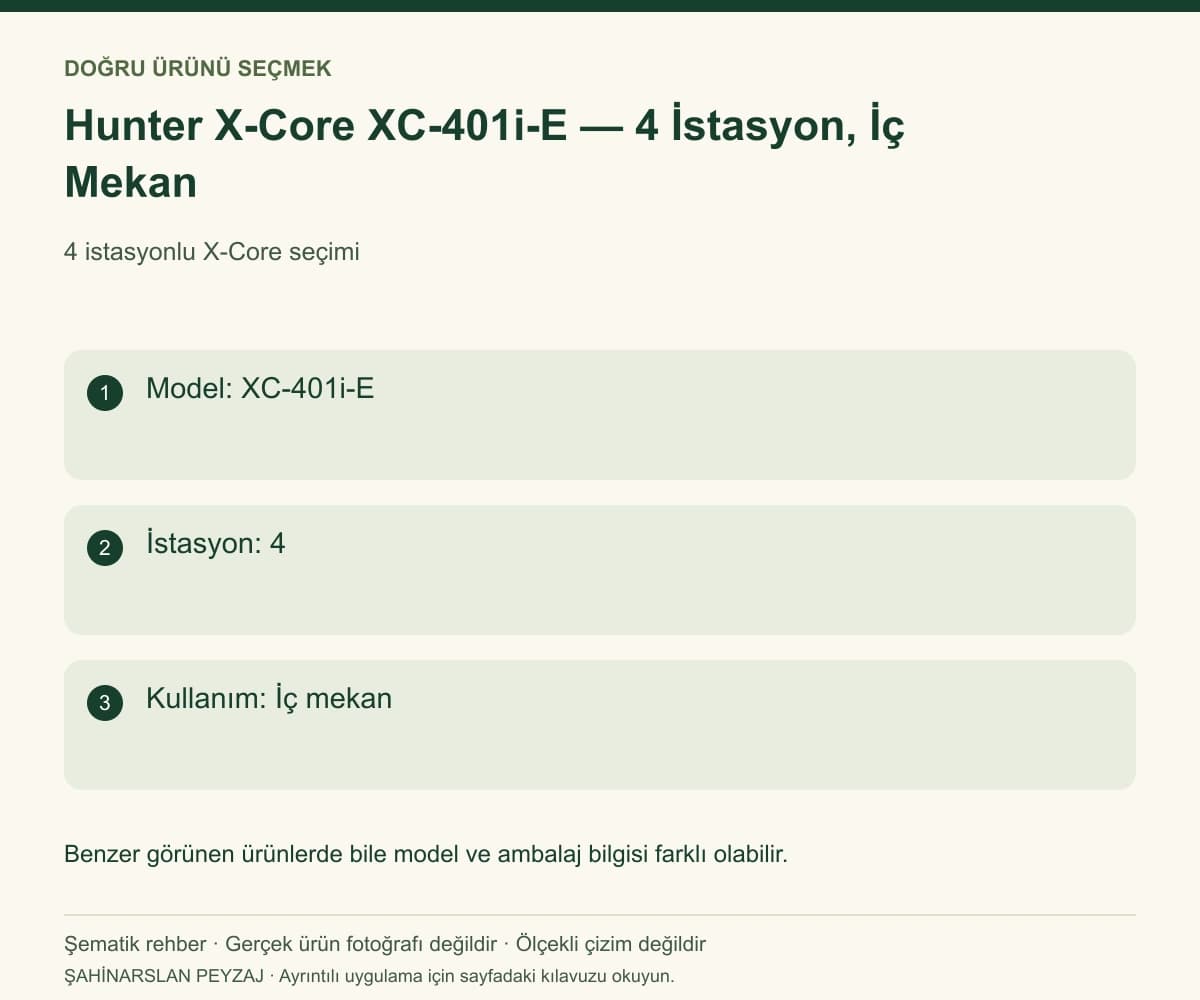 Hunter X-Core XC-401i-E — 4 İstasyon, İç Mekan — Model ve seçim bilgileri — özgün şematik rehber; gerçek ürün fotoğrafı değildir
