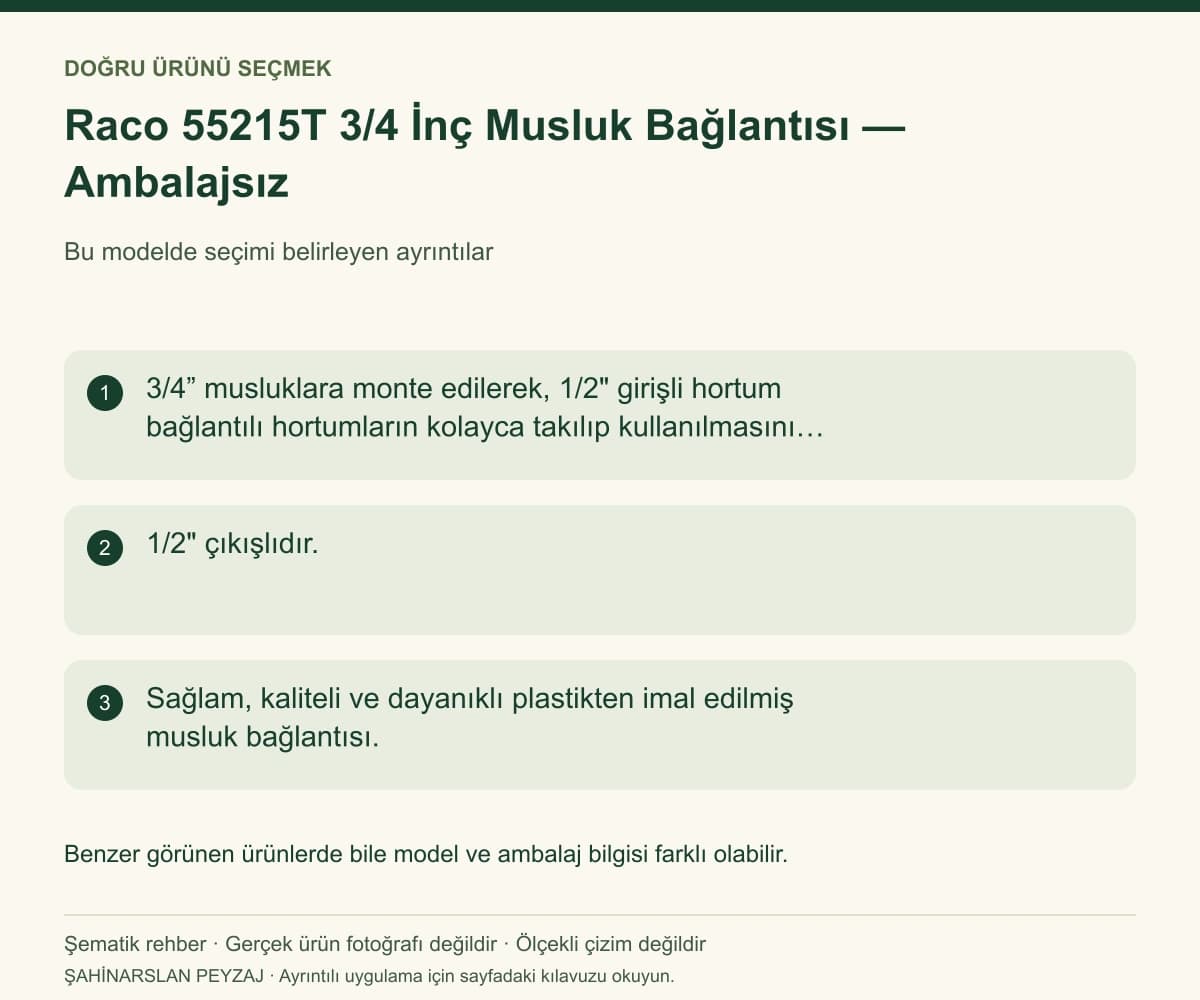 Raco 55215T 3/4 İnç Musluk Bağlantısı — Ambalajsız — Model ve seçim bilgileri — özgün şematik rehber; gerçek ürün fotoğrafı değildir