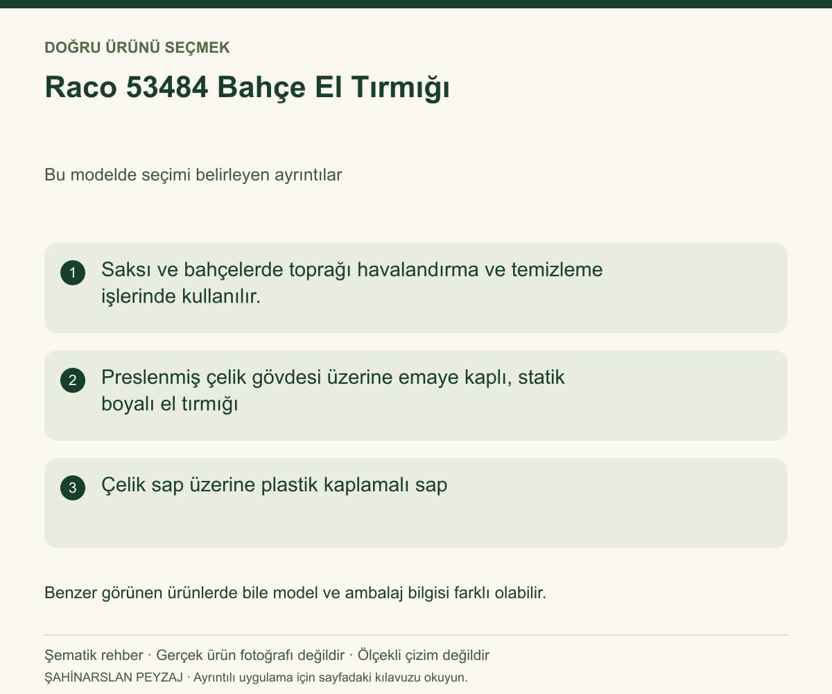 Raco 53484 Bahçe El Tırmığı — Model ve seçim bilgileri — özgün şematik rehber; gerçek ürün fotoğrafı değildir