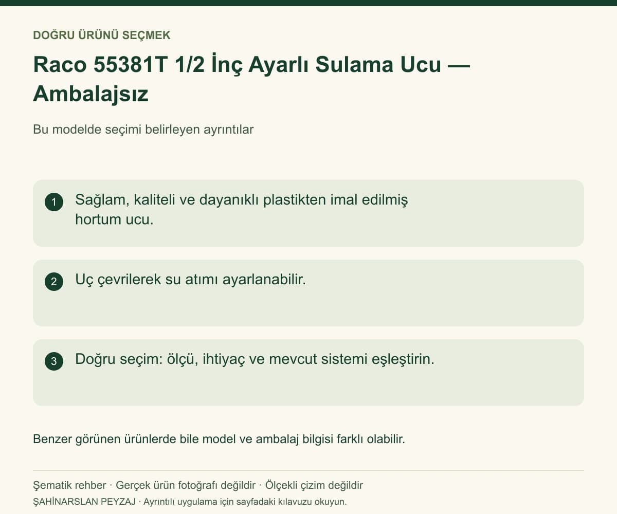 Raco 55381T 1/2 İnç Ayarlı Sulama Ucu — Ambalajsız — Model ve seçim bilgileri — özgün şematik rehber; gerçek ürün fotoğrafı değildir