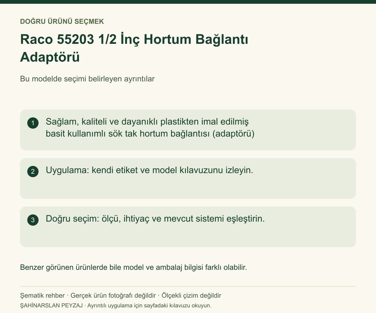 Raco 55203 1/2 İnç Hortum Bağlantı Adaptörü — Model ve seçim bilgileri — özgün şematik rehber; gerçek ürün fotoğrafı değildir