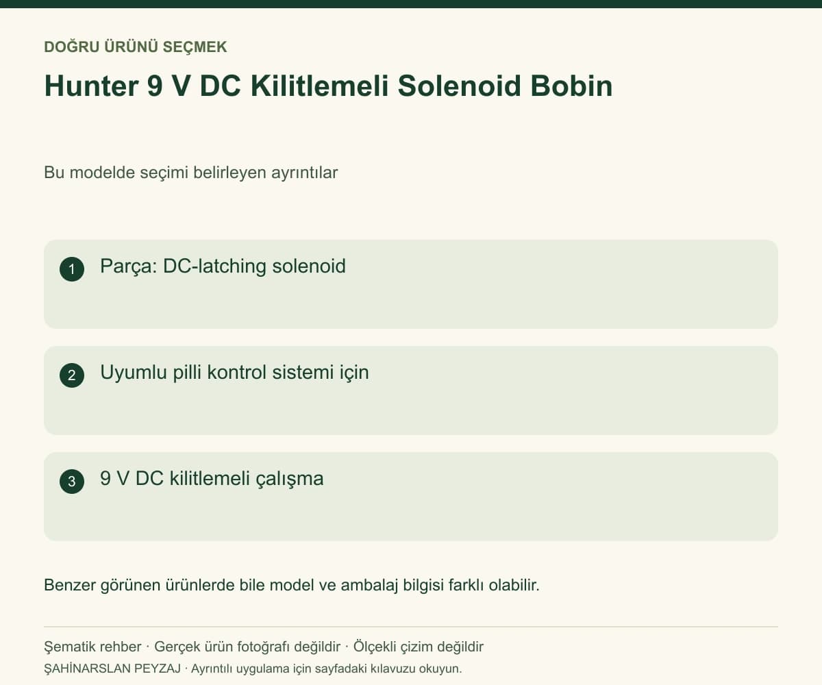 Hunter 9 V DC Kilitlemeli Solenoid Bobin — Model ve seçim bilgileri — özgün şematik rehber; gerçek ürün fotoğrafı değildir