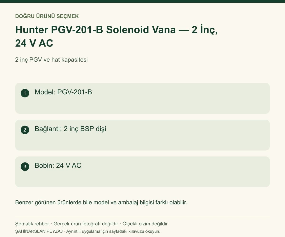 Hunter PGV-201-B Solenoid Vana — 2 İnç, 24 V AC — Model ve seçim bilgileri — özgün şematik rehber; gerçek ürün fotoğrafı değildir