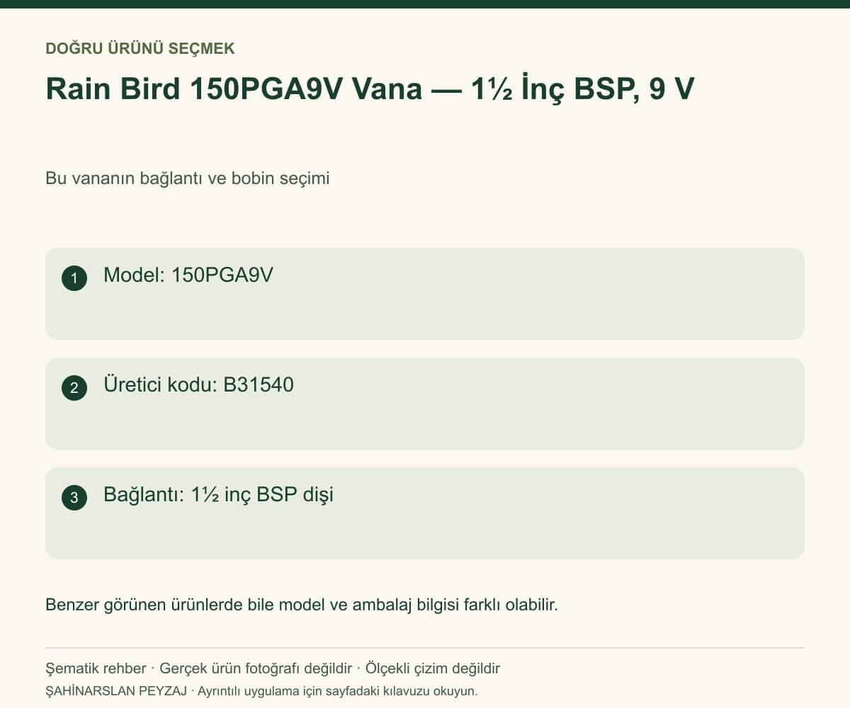 Rain Bird 150PGA9V Vana — 1½ İnç BSP, 9 V — Model ve seçim bilgileri — özgün şematik rehber; gerçek ürün fotoğrafı değildir
