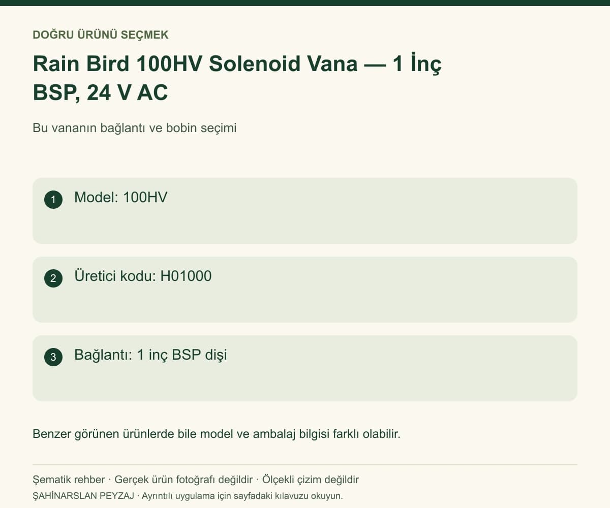 Rain Bird 100HV Solenoid Vana — 1 İnç BSP, 24 V AC — Model ve seçim bilgileri — özgün şematik rehber; gerçek ürün fotoğrafı değildir