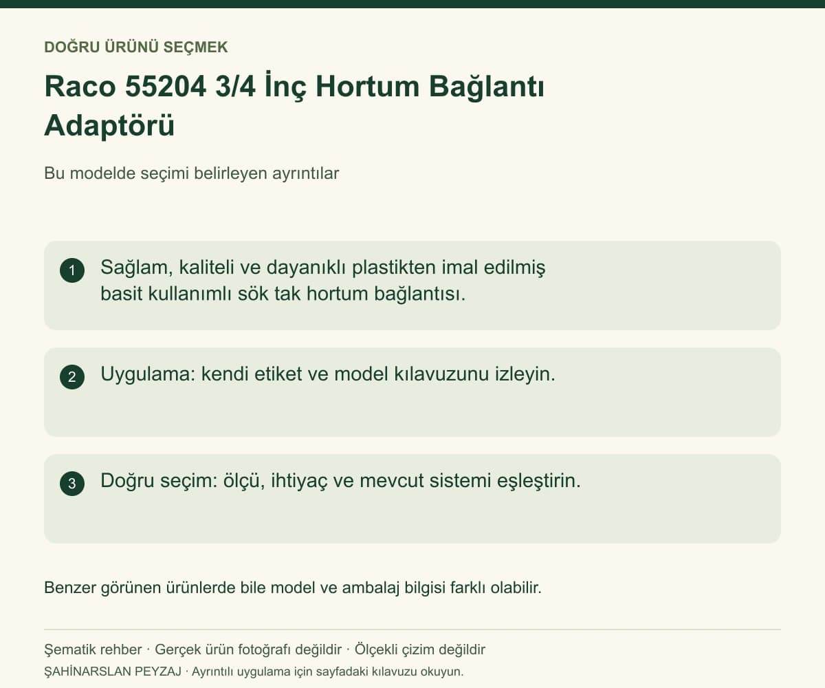 Raco 55204 3/4 İnç Hortum Bağlantı Adaptörü — Model ve seçim bilgileri — özgün şematik rehber; gerçek ürün fotoğrafı değildir