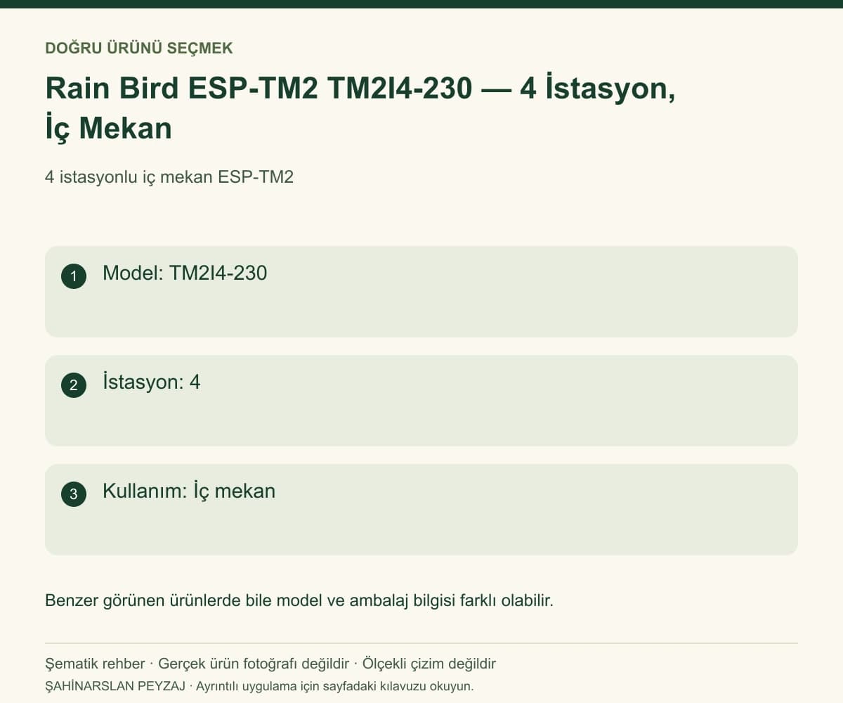 Rain Bird ESP-TM2 TM2I4-230 — 4 İstasyon, İç Mekan — Model ve seçim bilgileri — özgün şematik rehber; gerçek ürün fotoğrafı değildir