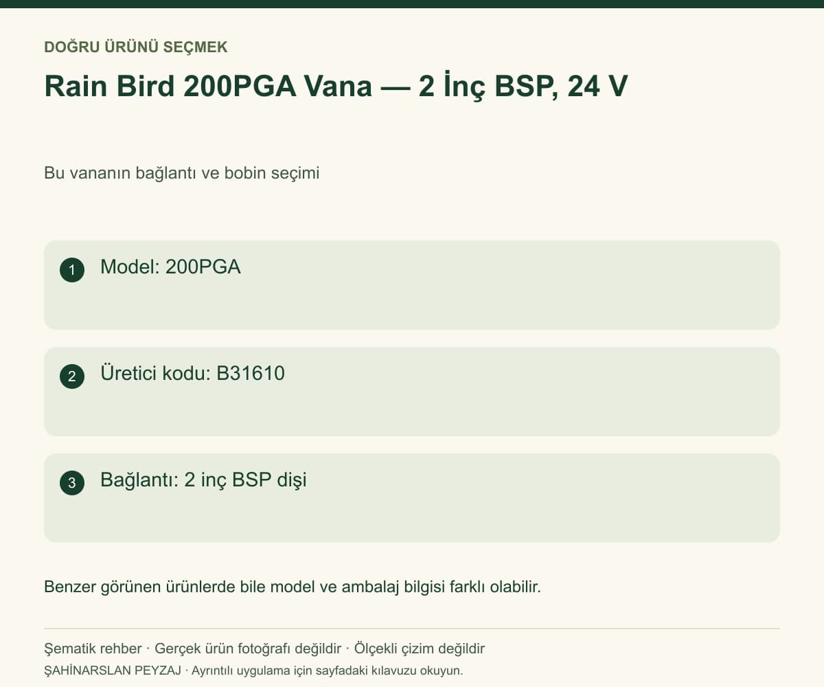 Rain Bird 200PGA Vana — 2 İnç BSP, 24 V — Model ve seçim bilgileri — özgün şematik rehber; gerçek ürün fotoğrafı değildir