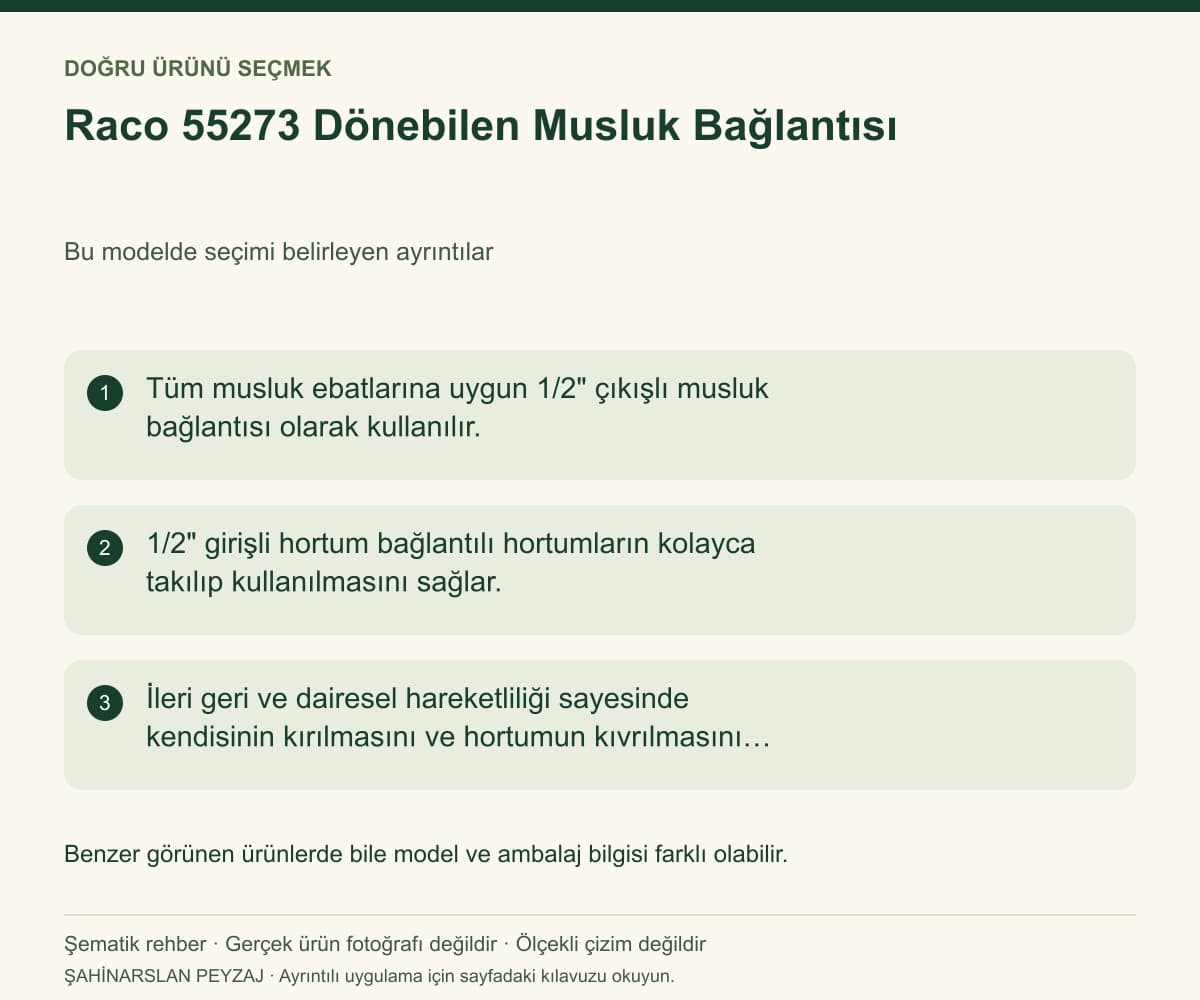 Raco 55273 Dönebilen Musluk Bağlantısı — Model ve seçim bilgileri — özgün şematik rehber; gerçek ürün fotoğrafı değildir