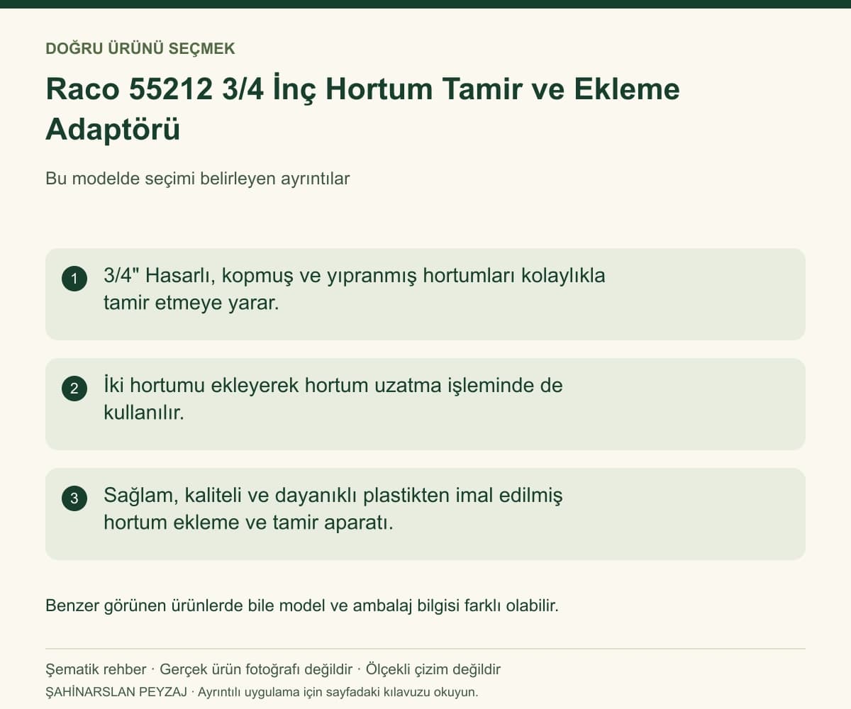 Raco 55212 3/4 İnç Hortum Tamir ve Ekleme Adaptörü — Model ve seçim bilgileri — özgün şematik rehber; gerçek ürün fotoğrafı değildir