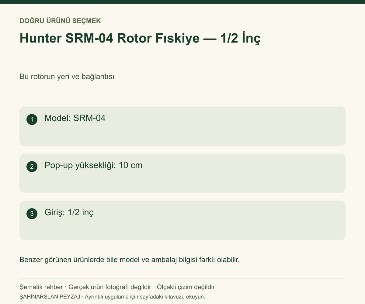 Hunter SRM-04 Rotor Fıskiye — 1/2 İnç — Model ve seçim bilgileri — özgün şematik rehber; gerçek ürün fotoğrafı değildir