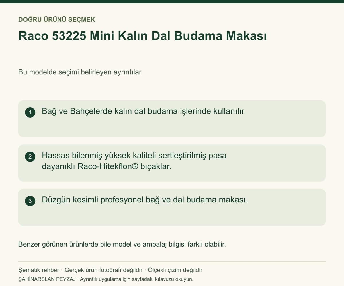 Raco 53225 Mini Kalın Dal Budama Makası — Model ve seçim bilgileri — özgün şematik rehber; gerçek ürün fotoğrafı değildir