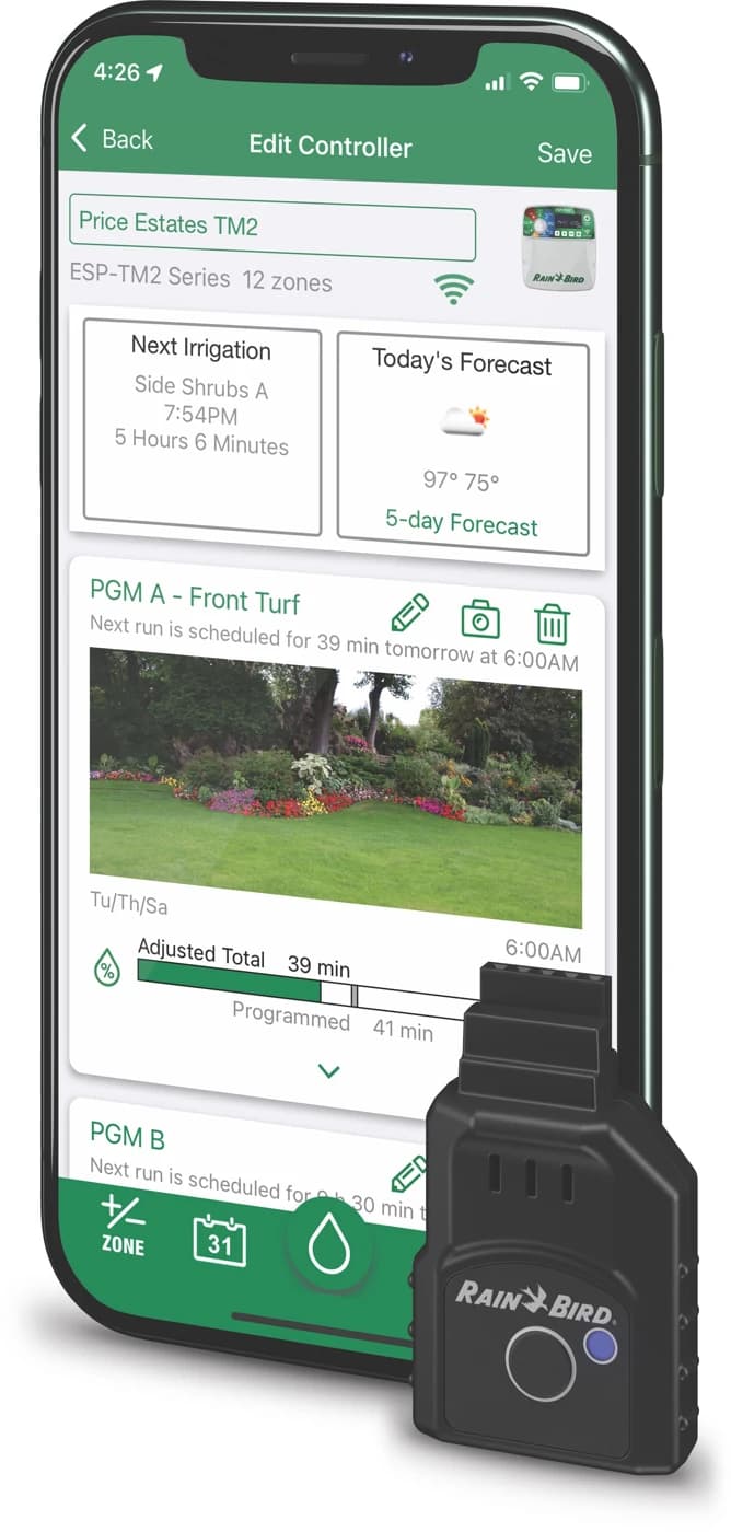 Rain Bird LNK2 Wi‑Fi Modülü — LNK2 ile telefon uygulamasının üretici kullanım örneği; telefon dahil değildir