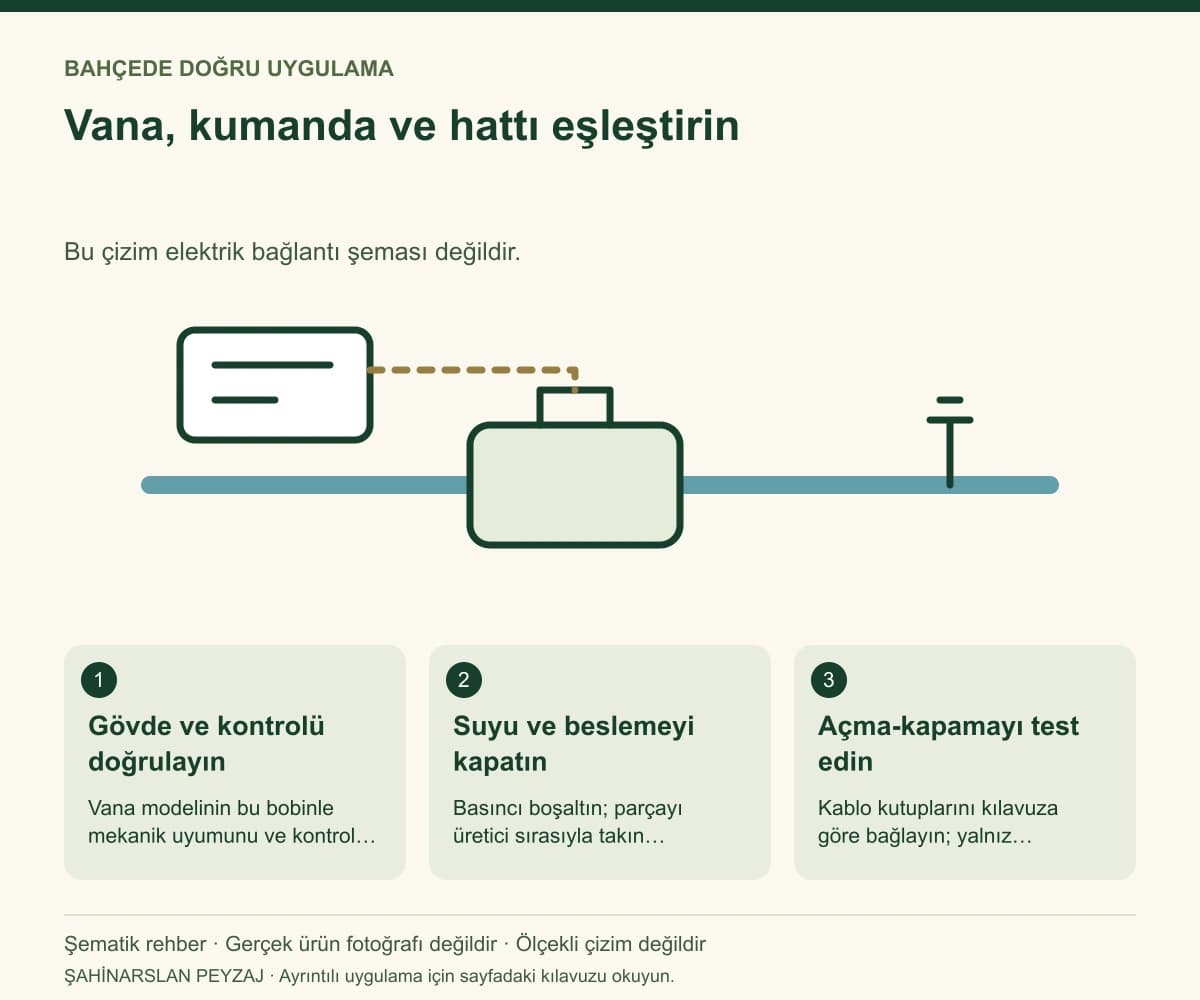 Hunter 9 V DC Kilitlemeli Solenoid Bobin — Vana, kumanda ve hattı eşleştirin — özgün şematik uygulama rehberi; gerçek ürün fotoğrafı değildir