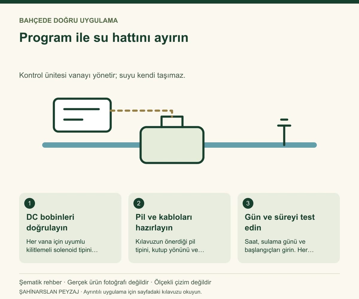 Hunter NODE-600 Pilli Kontrol Ünitesi — 6 İstasyon — Program ile su hattını ayırın — özgün şematik uygulama rehberi; gerçek ürün fotoğrafı değildir