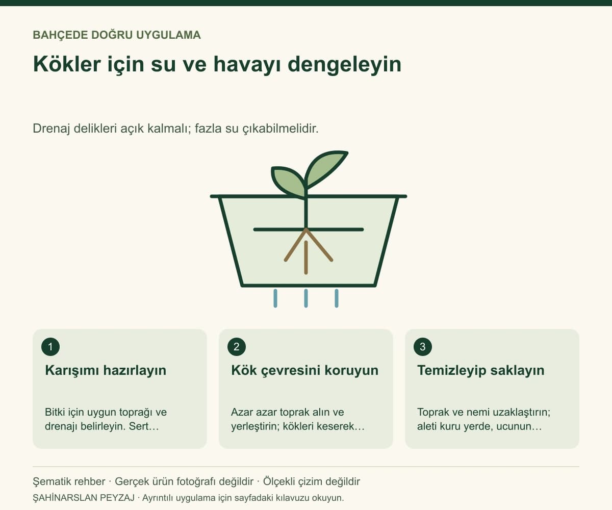 Raco 53481 Bahçe El Küreği — Kökler için su ve havayı dengeleyin — özgün şematik uygulama rehberi; gerçek ürün fotoğrafı değildir